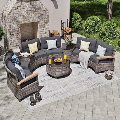 MEISSALIVVE 9 Piece Outdoor Patio Furniture Set, Half-Moon Curved Sectional Sofa Rattan Conversation Set with Wood Armrests, Coffee Table & Side Table（Grey）