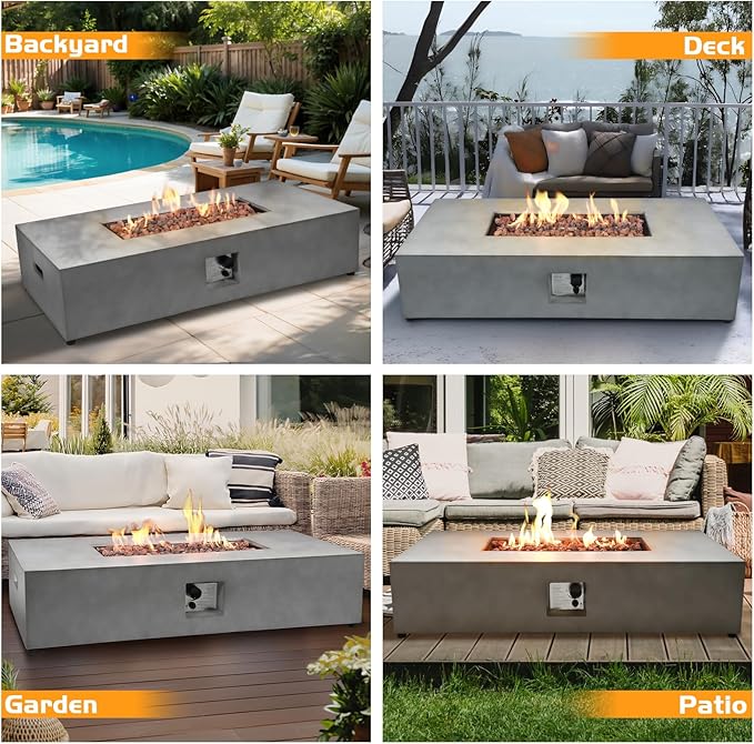2-Piece 54" Outdoor Propane Fire Pit Table Set W 16" Tank Cover Side Table, 50,000 BTU Rectangle Concrete Fire Pit Coffee Table, Lava Rocks, Rain Cover for Patio, Backyard, Garden, Porch, Deck
