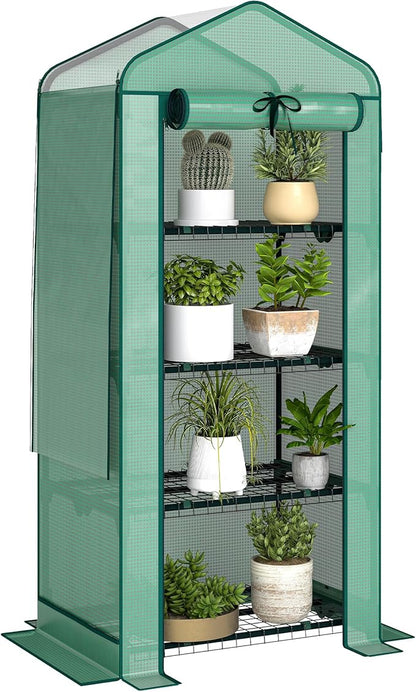 Outsunny 4 Tier Mini Greenhouse with Screen Roof, 27.6" x 19.7" x 62.2", Portable Small Greenhouse with High Strength PE Cover, Roll-Up Zipper Door for Garden Yard Backyard, Green