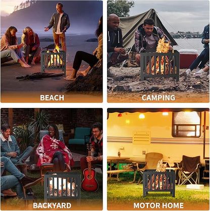 16 x 16 Inches Square Fire Pit/Bonfire Pit - Perfect for Garden Family Parties & Camping - Durable and Portable Design for Outdoor Enjoyment,Four-Sided Hollow and Breathable,Black