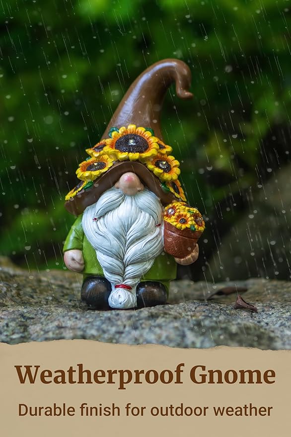 Solar Garden Gnome Statue, 7.67" Tall — Outdoor Resin Garden Statue for Yard, Backyard, Patio, Porch, Lawn; Garden Decor, Gnome Gifts, Birthday Gifts for Women