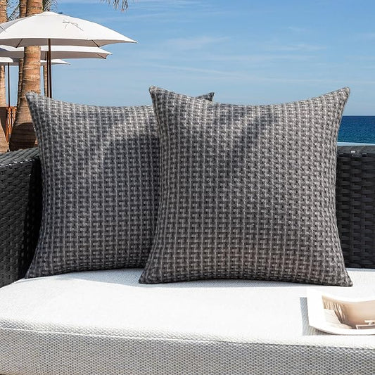 Kevin Textile Outdoor Waterproof Throw Pillow Covers Pack of 2 Weaving Texture Water Resistant Outside Decorative Cushion Covers for Garden Patio Tent Balcony Bench Couch Sofa 16x16 Inch, Dark Grey