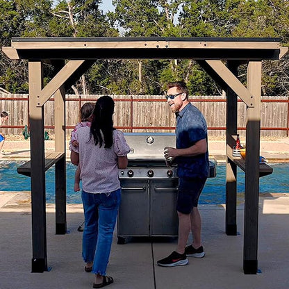 CHARMELEON 6'x8' Wood Grill Gazebo, Cedar Wood BBQ Grill Gazebo with 2 Side Storage Shelves, Pavilion with Hardtop Sloping Steel Roof for Outdoor, Patio, Barbecue, Garden, Deck