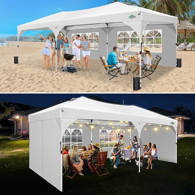 COBIZI 10x20 Pop Up Canopy Tent with 4 Sidewalls, Instant One-Push Setup, Commercial Canopy with Air Vent & Reflective Strip, UPF 50+ Waterproof Party Tent with Sandbags & Stakes for Events (White)