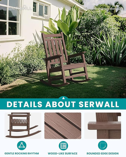 SERWALL HDPE Outdoor Rocking Chair Set of 8, Patio Rocking Chairs for Adults, All Weather Outdoor Rockers for Lawn, Brown