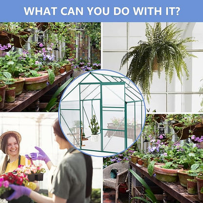 6x8 FT Polycarbonate Greenhouse with Sliding Door and Adjustable Roof, Heavy Duty Aluminum Walk-in Greenhouses w/ Raised Base for Outdoor Garden Backyard,Green