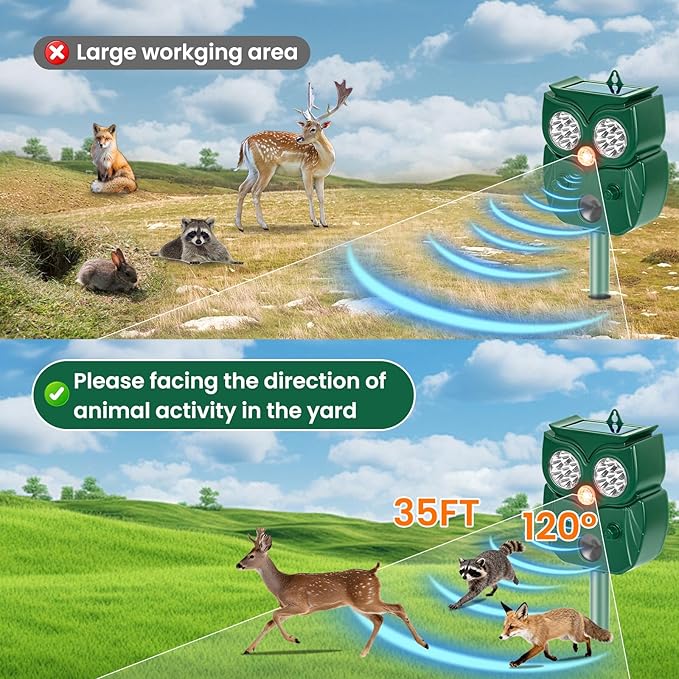 Solar Ultrasonic Animal Repellent Outdoor, 2Pack Waterproof Deer Repellent Devices with RIP Motion Sensor LED Flashing Lights, Cat, Raccoons, Skunks, Rabbits Deer Deterrent Outdoor