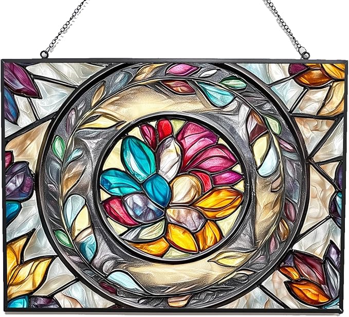 Customized Rectangle Floral Ring Suncatcher Stained Glass Window Hangings Sun Catchers Colorful Ornament Gifts for Women Mom Wife Halloween Christmas Housewarming
