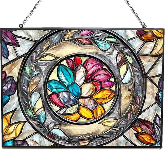 Customized Rectangle Floral Ring Suncatcher Stained Glass Window Hangings Sun Catchers Colorful Ornament Gifts for Women Mom Wife Halloween Christmas Housewarming