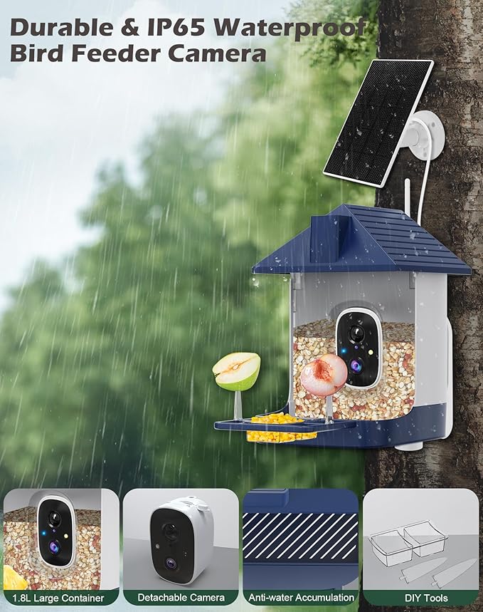 Smart Bird Feeder with Camera Solar Powered, 2.5K Live Video Bird House Camera, AI Identifies, Auto Capture & Notify, Motion Detection, Cloud Storage, Color Night Vision, Ideal Gift for Bird Watching