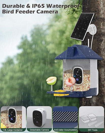 Smart Bird Feeder with Camera Solar Powered, 2.5K Live Video Bird House Camera, AI Identifies, Auto Capture & Notify, Motion Detection, Cloud Storage, Color Night Vision, Ideal Gift for Bird Watching