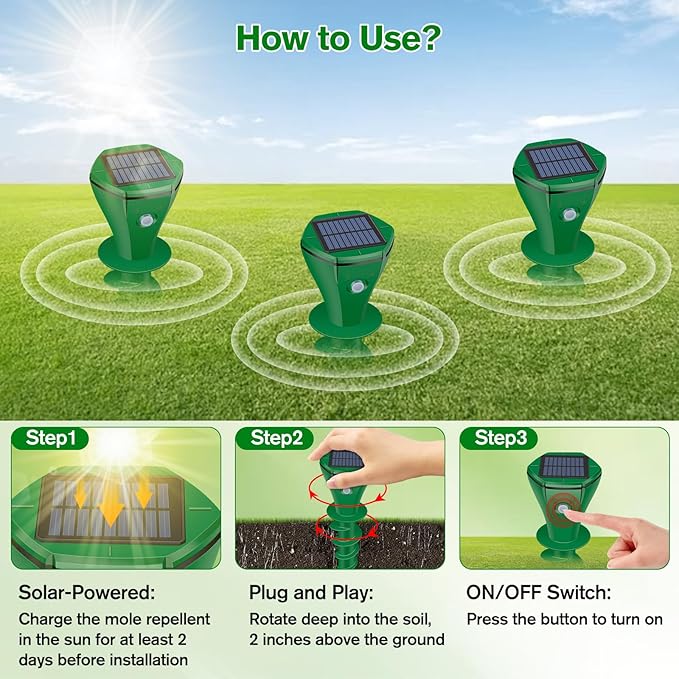 Mole Repellent Solar Powered Ultrasonic, Gopher Repellent Outdoor for Lawn Garden Yard,Waterproof Mole Killer Traps,Sonic Spikes Get Rid of All Pests Gopher Vole Groundhog Chipmunk Snake, 2 Pack-Green