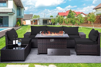 Outdoor Patio Furniture Set with Propane Fire Pit Table, 7 Pieces Outdoor Furniture Patio Sectional Sofa Conversation Sets w/ETL Approved 43" Gas Outdoor Fire Table & Coffee Table (Black)