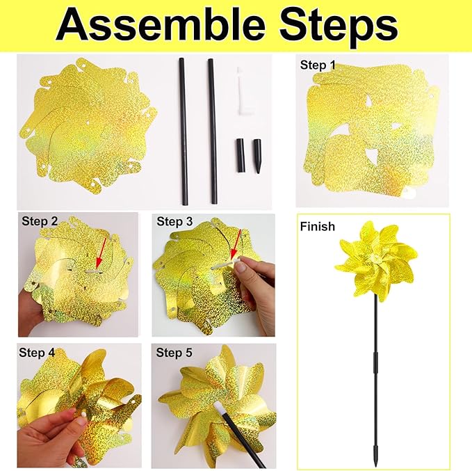 10 Packs Pinwheels Gold Reflective Wind Spinner Garden Pinwheel Sparkly Windmills Scare Birds Animal Away Wind Spinners for Yard and Garden Decor