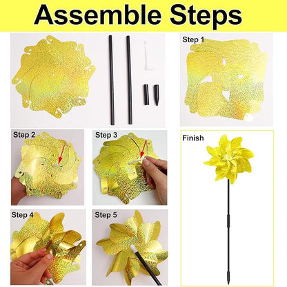 10 Packs Pinwheels Gold Reflective Wind Spinner Garden Pinwheel Sparkly Windmills Scare Birds Animal Away Wind Spinners for Yard and Garden Decor