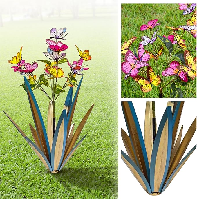 TOMBABY Garden Outdoor Butterfly Enlarge Thickened Wind Resistant Metal Agave Garden Art Metal Plant Country Sculpture Statue Decorations Ornaments Artificial Waterproof Butterflies(Blue 2pcs)