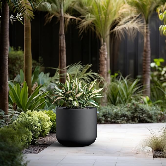 Kante 17.3-Inch Dia Round Concrete Planter, Indoor & Outdoor Garden Pot with Drainage Hole & Rubber Plug, Ideal for Flower and Tree, Black