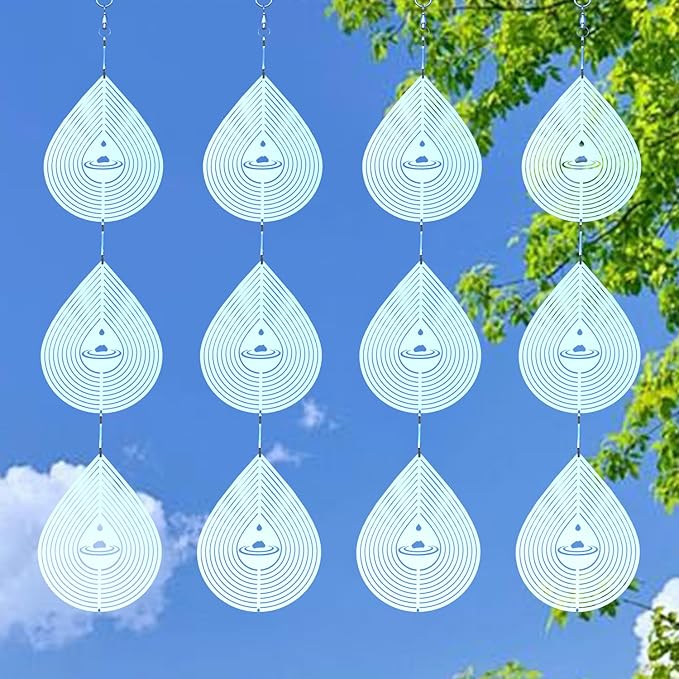 3D Water Drop Pendant Stainless Steel Wind Spinners, Bird Scare Discs with Metal Shiny Highly Reflective Double Sided 360°Rotating, Deterrents to Keep Scare Birds Away from Garden Patio Porches Yard