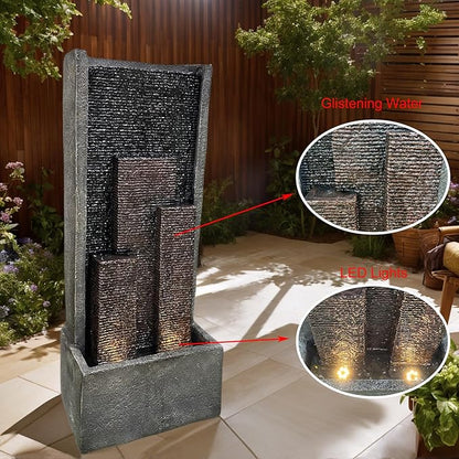 39.37" H Modern Water Fountain with Lights & Pump, Indoor/Outdoor Cascading Resin Waterfall Standing Fountain for Garden, Patio, Yard, Christmas Decor