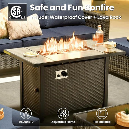 ovios 7 Pieces Patio Furniture Set with 42" Fire Pit Table, Outdoor Sofa Couch with Solar Lights Table Comfy Cushions, Modern Deep Seat Wicker Rattan Conversation Set, Denim Blue
