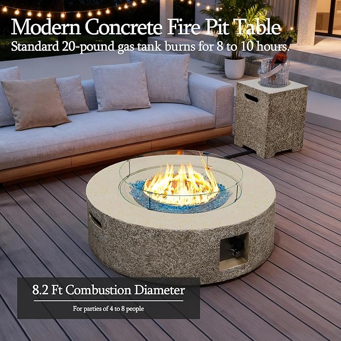 UPHA 42-inch Outdoor Propane Gas Fire Pit Table 50000 BTU Concrete Rectangle FirePit for Outside Patio with Propane Tank Cover, Wind Guad, Blue Glass Rocks, Rain Cover, Beige Texture