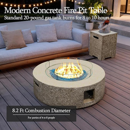 UPHA 42-inch Outdoor Propane Gas Fire Pit Table 50000 BTU Concrete Rectangle FirePit for Outside Patio with Propane Tank Cover, Wind Guad, Blue Glass Rocks, Rain Cover, Beige Texture