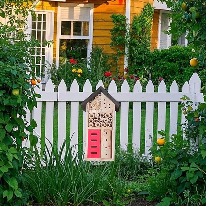 Insect Hotel Hanging Bee House Wooden Insect House, Natural Habitat for Beneficial Bees, Bugs, Butterflys, Ladybirds Garden Yard Home