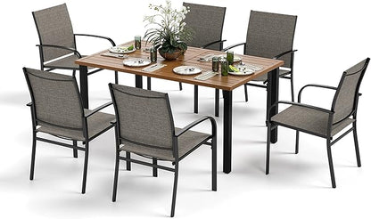 Patio Table and Chairs Set, Outdoor Dining Set for 6 with Brown Chairs and Teak Color Tabletop Outdoor Dining Table, 7-Piece Patio Furniture Set for Deck Backyard Lawn