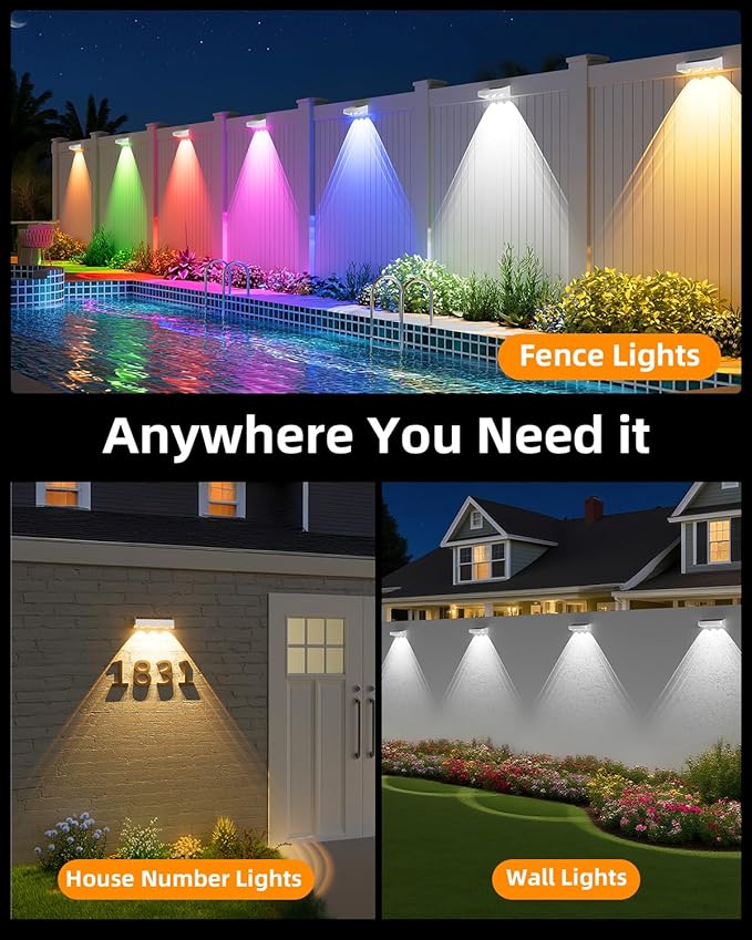 Solar Fence Lights Outdoor, 9 Fixed Colors ＆ Color Changing Fence Lights Solar Powered Waterproof IP65 Dusk-to-Dawn LED Deck Lighting for Patio, Railing, Pool, Porch, Backyard, Wall, 12 Pack