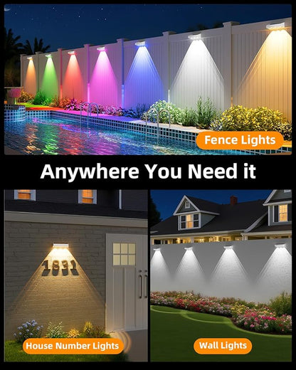 Solar Fence Lights Outdoor, 9 Fixed Colors ＆ Color Changing Fence Lights Solar Powered Waterproof IP65 Dusk-to-Dawn LED Deck Lighting for Patio, Railing, Pool, Porch, Backyard, Wall, 12 Pack