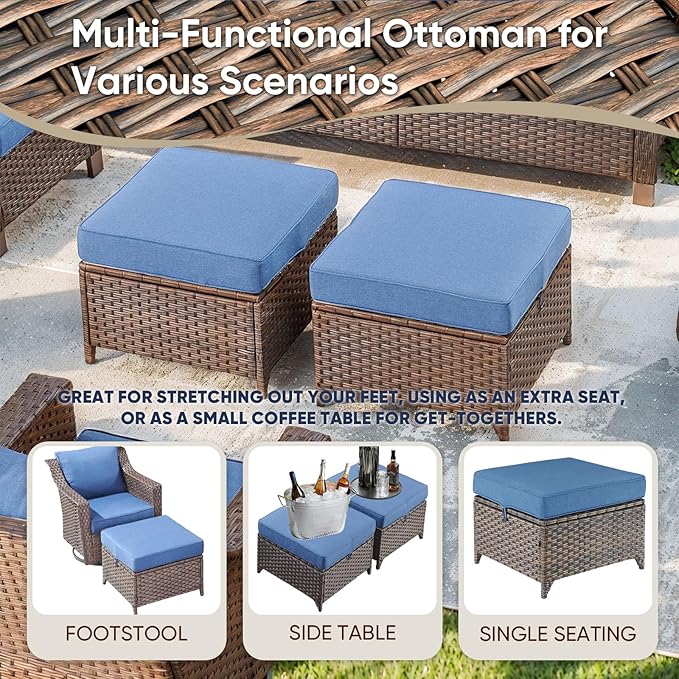 Outdoor Wicker Chair Patio Chairs-Rattan Wicker Chairs with Ottomans Patio Conversation Sets for Porch Garden Balcony Backyard Poolside-Brown/Blue