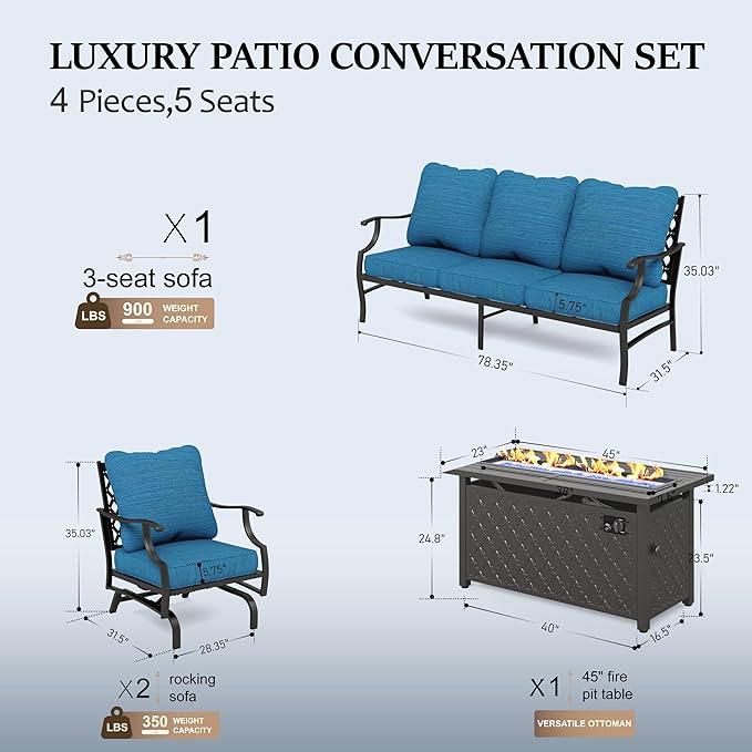 HERA'S HOUSE 4 Pieces Patio Furniture Set with Fire Pit Table, 2 x Rocking Chair, 3-Seat Sofa with 45" Fire Pit Table, Outdoor Conversation Set for Garden Poolside Backyard, Pacific Blue