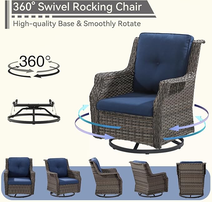 Outdoor Swivel Rocker Patio Chair - 360 Degree Patio Swivel Glider Chair with 3.5" Premium Olefin Fabric Cushions(Mixed Grey/Blue)