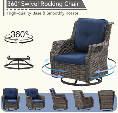 Patio Bistro Set 3 Pieces - Outdoor Swivel Rocker Patio Chair Set of 2 with Matching Tempered Glass Side Table, Cushion Included(Mixed Grey/Blue)
