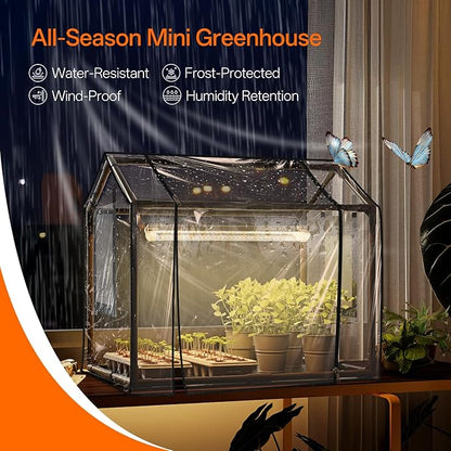 Bstrip Indoor Greenhouse with Grow Light, Mini PVC Tent with PE Base Mat, Ventilation Windows & Zippered Door, 18W Tabletop Greenhouse Light for Seed Starting with Timer, 23.8" x 15.7" x 20.5"