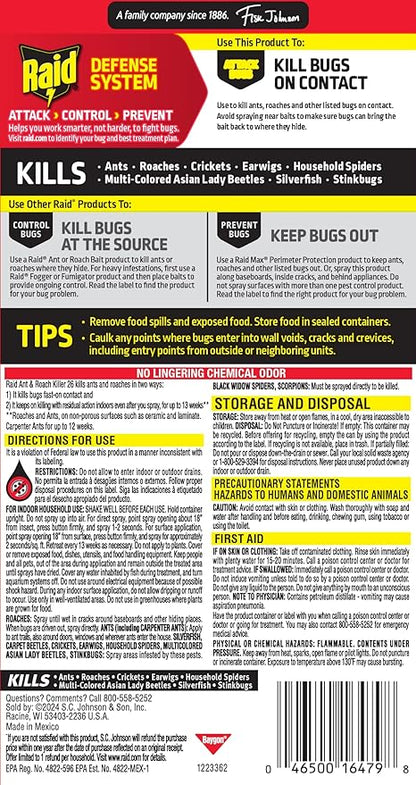 Raid Ant & Roach Killer Spray For Listed Bugs, Keeps Killing for Weeks, Lemon Scent, 17.5 oz