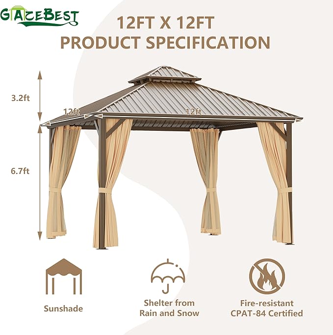 12'x12' Hardtop Gazebo, Outdoor Aluminum Patio Gazebo Double Roof Galvanized Steel Canopy with Netting and Curtains,for Garden Patio, Backyard, Deck and Lawns.