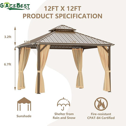 12x12 ft Hardtop Gazebo Outdoor Aluminum Patio Gazebo Double Roof Galvanized Steel Canopy with Netting and Curtains for Garden, Backyard,Deck and Lawns