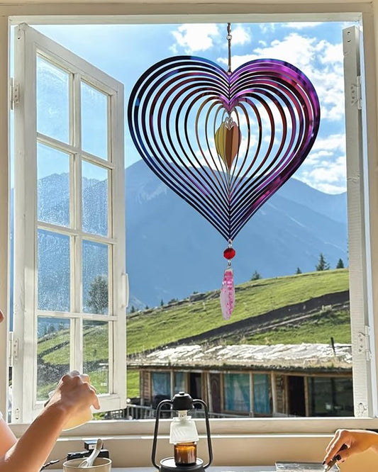 3D Heart Wind Spinner - Flowing Light Effect, Purple-Green Gradient Metal Spinner for Outdoor Garden Decor, Unique Gift for Mom & Women