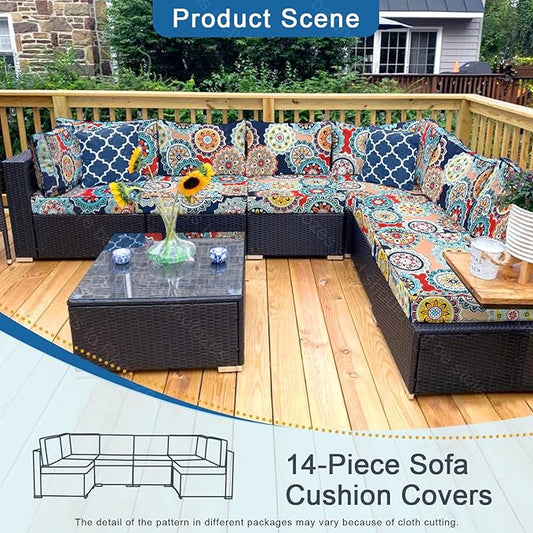 14 PCs Patio Cushion Covers for 7 PCs Outdoor Furniture Sectional Seating Sets Water Resistant Plus 2 Throw Pillows (Mandala, 23.6 * 23.6 * 3.5 in-14)