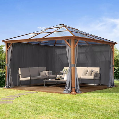 TOOLPORT Hardtop Gazebo 13x13 ft with Polycarbonate Roof - Wood-Like Finish - 4 Side Panels in Gray