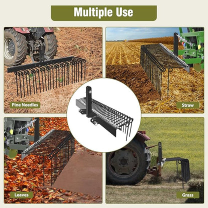 GAOMON 60 Inch Pine Straw Rake, 26 Coil Spring Tines Durable Powder Coated Steel Tow Behind Landscape Rake with 3 Point Hitch Receiver Attachment Fit to Cat0 Cat 1 Tractors for Leaves Grass, Black