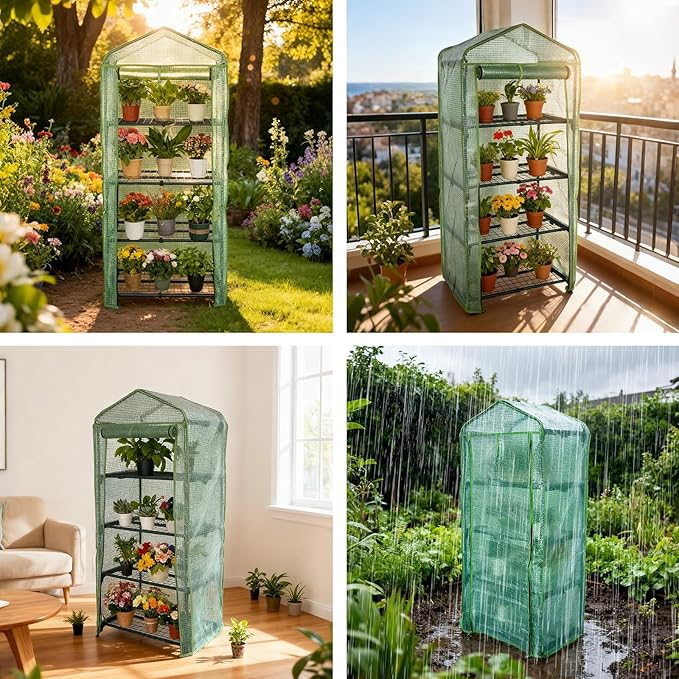 4 Tier Mini Indoor Greenhouse,27"x19"x62" Greenhouses with PE Cover and Roll-Up Zipper Door,Plastic Green House for Inside Grow Tent&Garden greenhouses for Outdoors