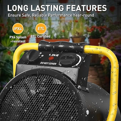 Portable Greenhouse Heater with Digital Thermostat, Overheat Protection, 1500W Radiant Electric Heater for Indoor & Outdoor Use, Garage, Grow Tent, RV, IPX4 Water Resistant, 1 Piece, Black