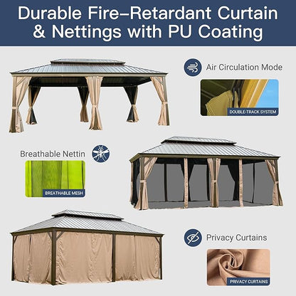12' x 20' Hardtop Gazebo Outdoor Aluminum Gazebos with Galvanized Steel Double Canopy for Patios Deck Backyard,with Curtains&Netting by domi outdoor living