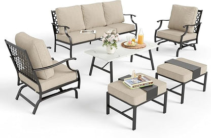 Patio Furniture Set 6 pcs, Outdoor Patio Furniture, 3-Seat Sofa, 2 Rocking Chairs, 2 Ottomans, Coffee Table and 5.75" Extra Thick Cushion, Patio Conversation Set for Backyard Deck,Beige