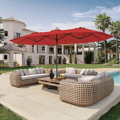 15FT Double Sided Patio Umbrella with Base Included Large Outdoor Market Umbrella with Crank Handle, UV Resistant Canopy, Sturdy Frame for Garden, Poolside, Deck, Red