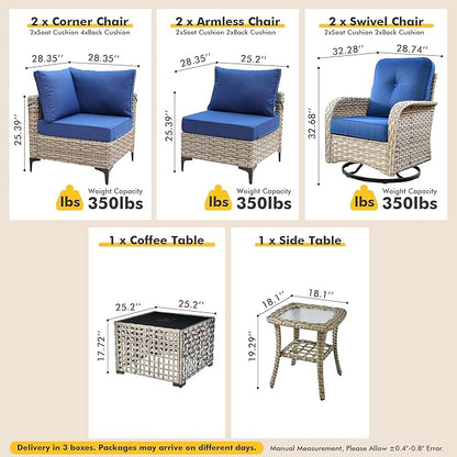 Outdoor Sectional Patio Furniture Set with Swivel Rocking Chairs and Glowing Table,8 Pieces Wicker Conversation Sets L Shaped Couch Out Door Sofa Outside Furniture for Garden Deck Yard Porch,Navy Blue