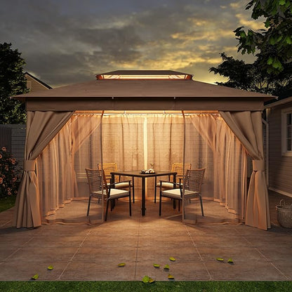 Outdoor Patio Gazebo 10x13FT, Heavy Duty Party Tent & Shelter with 2-Tier Roof and Expansion Bolts, Mosquito Nettings and Privacy Screens for Backyard, Garden, Poolside, Khaki