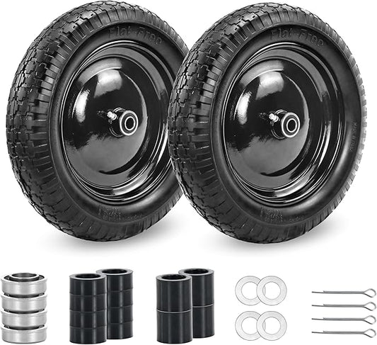 2PC 4.80/4.00-8 Flat Free Tire, 14.5 Wheelbarrow Tire and Wheel with 5/8" Bearings & Extra 3/4", 3-7" Centered Hub, 4.80/4.00-8 tire and wheel Fit for Gorilla Cart, Garden Cart/Hand Truck